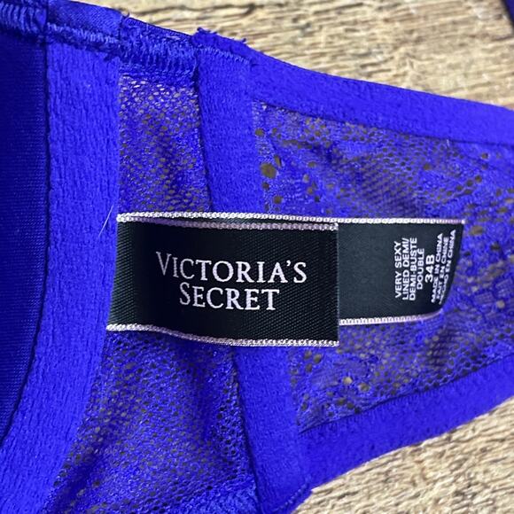 Victoria's Secret Very Sexy Lined Demi Lace Bra High Neck Cobalt Blue Size 34B - Picture 7 of 9
